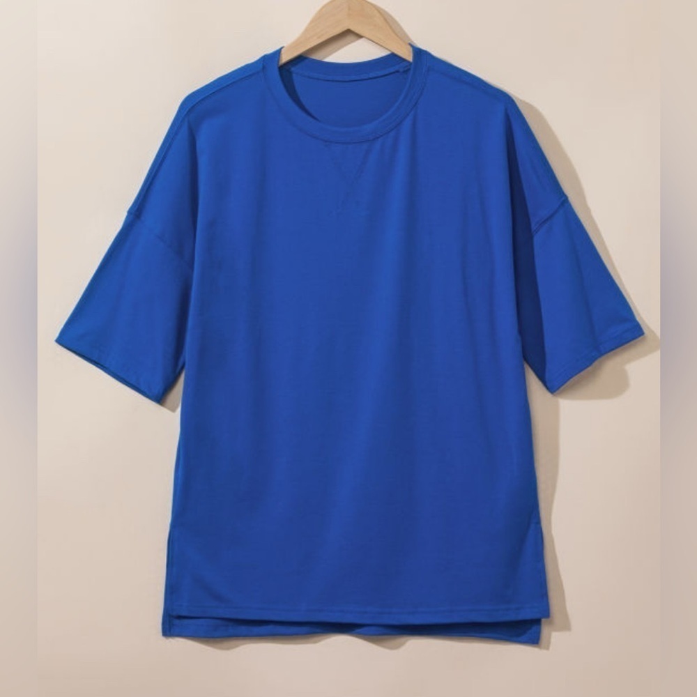 Blue Longline Side Slit Drop Shoulder Women's Top - Picture 4 of 8